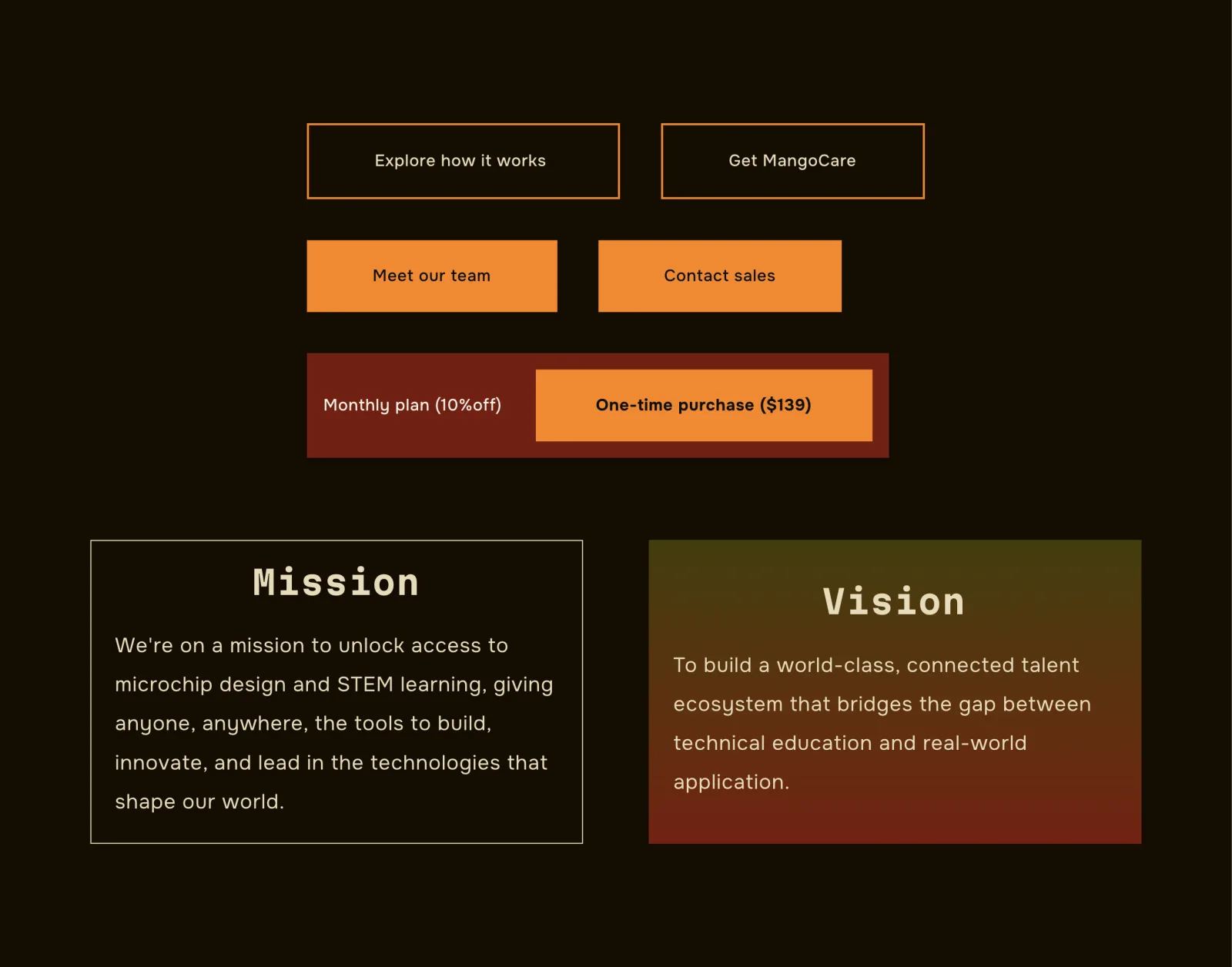 UI components — buttons, mission and vision