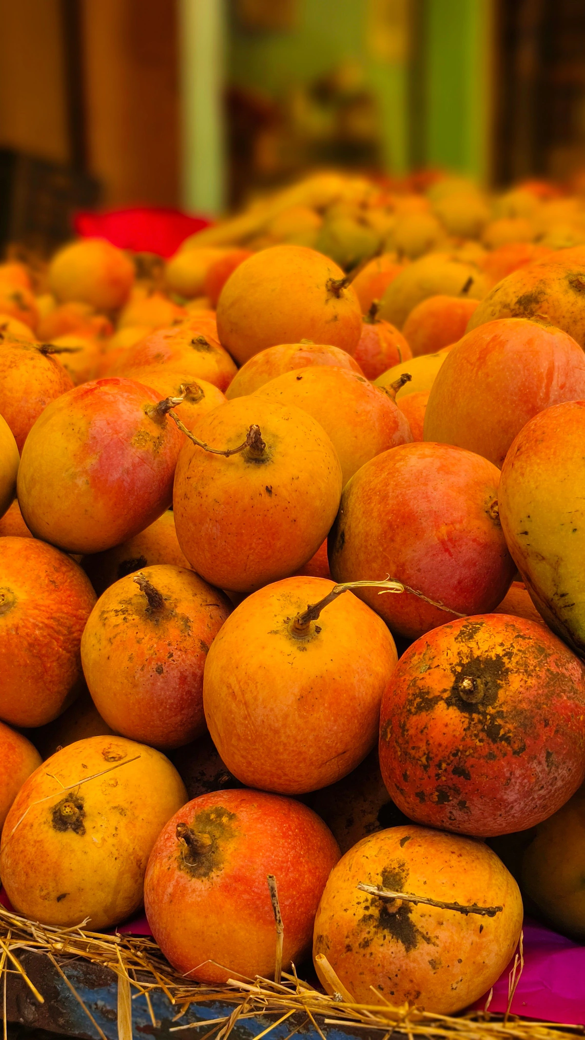 Ripe orange mangoes at market — the warm palette
