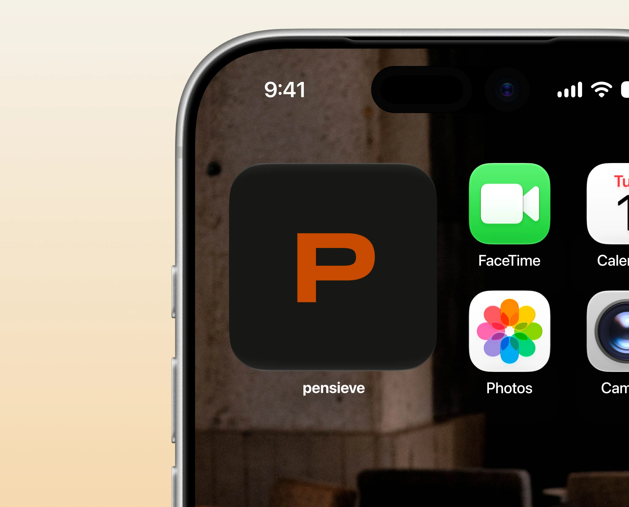 The app on a home screen — the orange “P” mark on black, labelled “pensieve”, beside the system apps