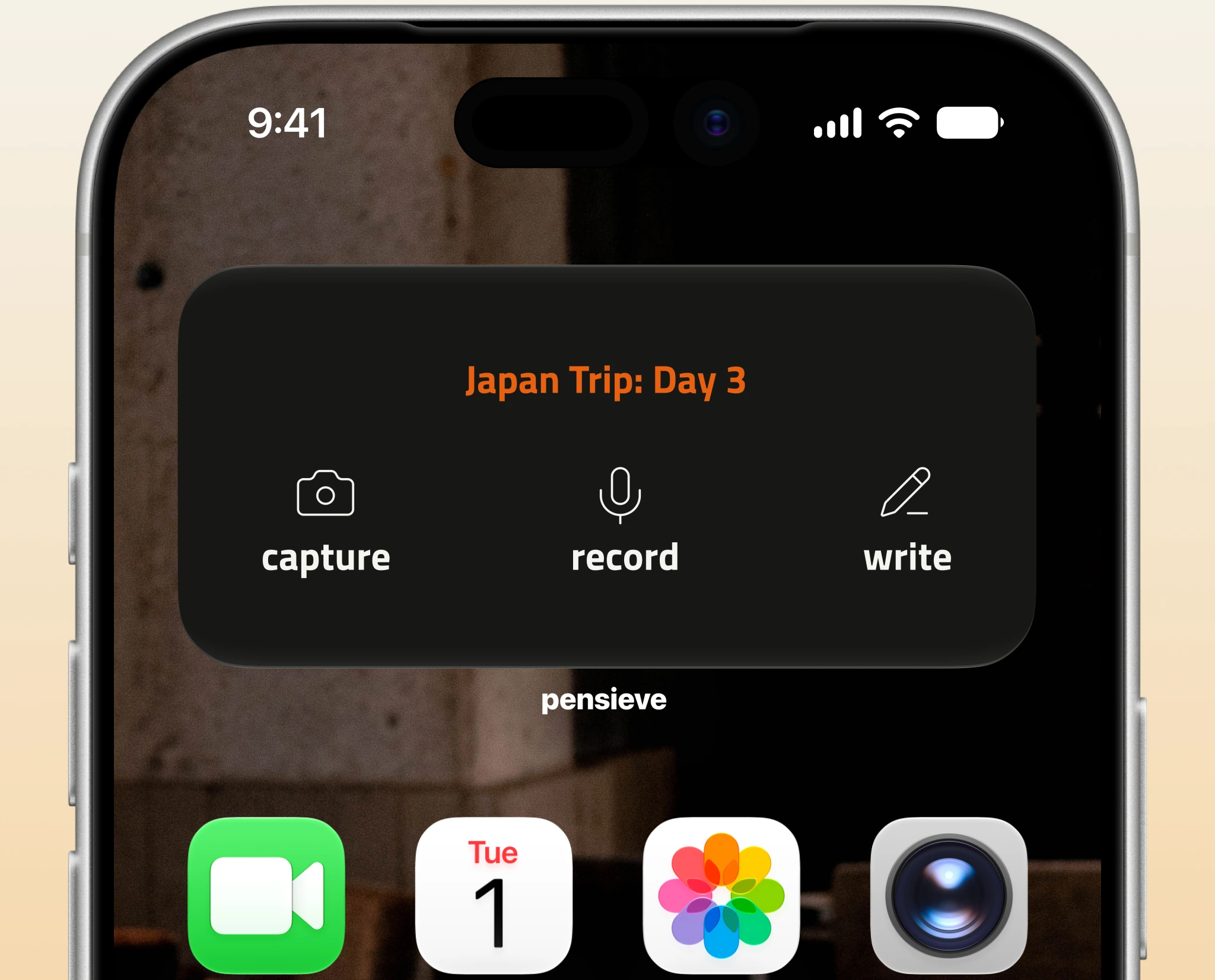 A home-screen quick action for the current trip (‘Japan Trip: Day 3’) — capture, record, or write