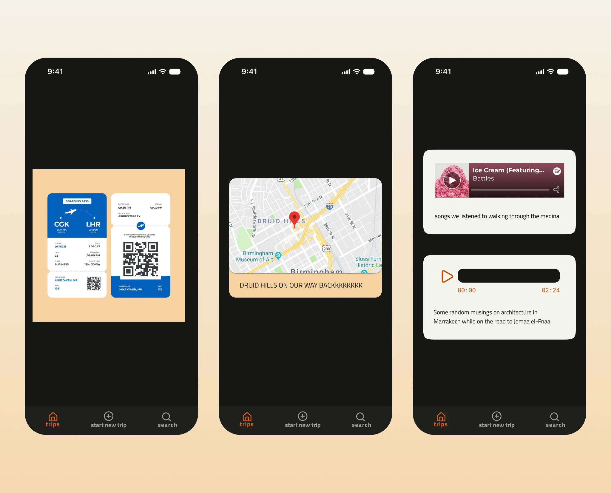 Three Pensieve memories on a warm ground — a boarding pass, a map-pinned location note, and a song paired with a voice memo