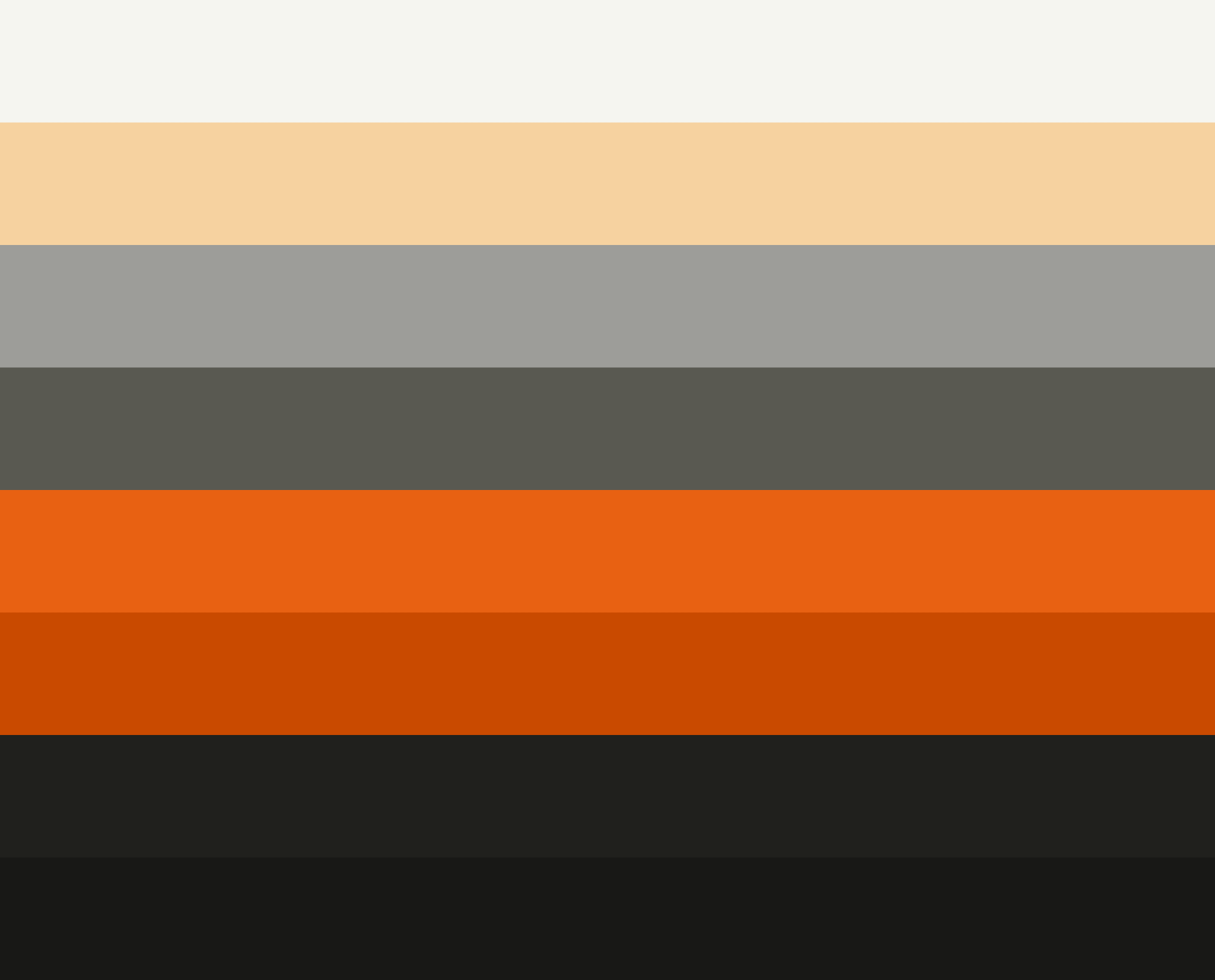 The Pensieve palette — cream, warm tan, warm grey, olive-grey, bright orange, burnt orange, near-black and black bands