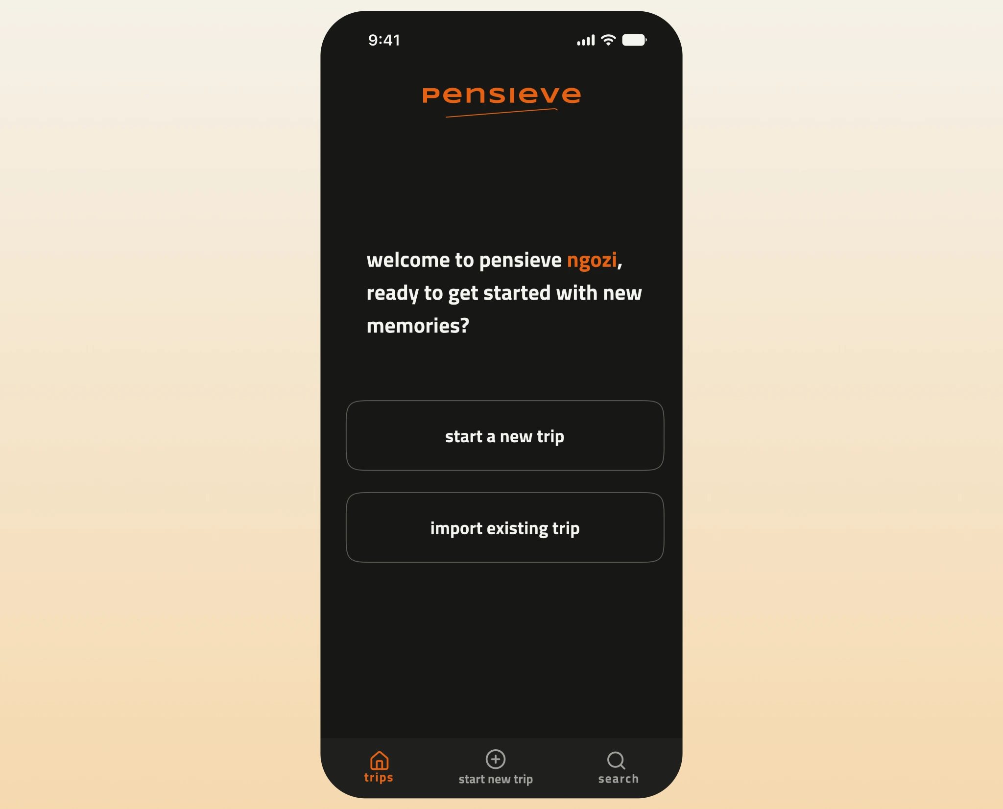 The welcome screen — the pensieve wordmark over “welcome to pensieve ngozi, ready to get started with new memories?” and two buttons: start a new trip, or import an existing one