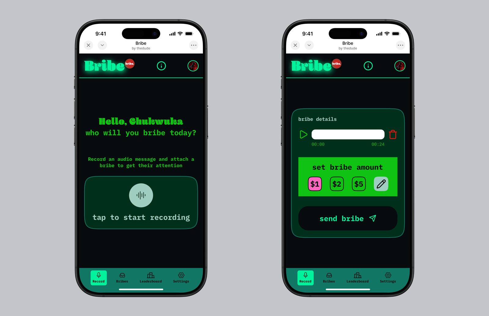 The send flow — recording a voice note and attaching a bribe amount