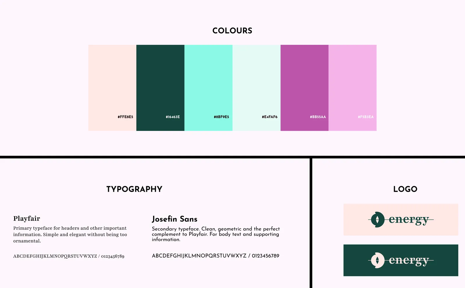 The design direction template — typography, colour styles, and the brand logo set out in one board