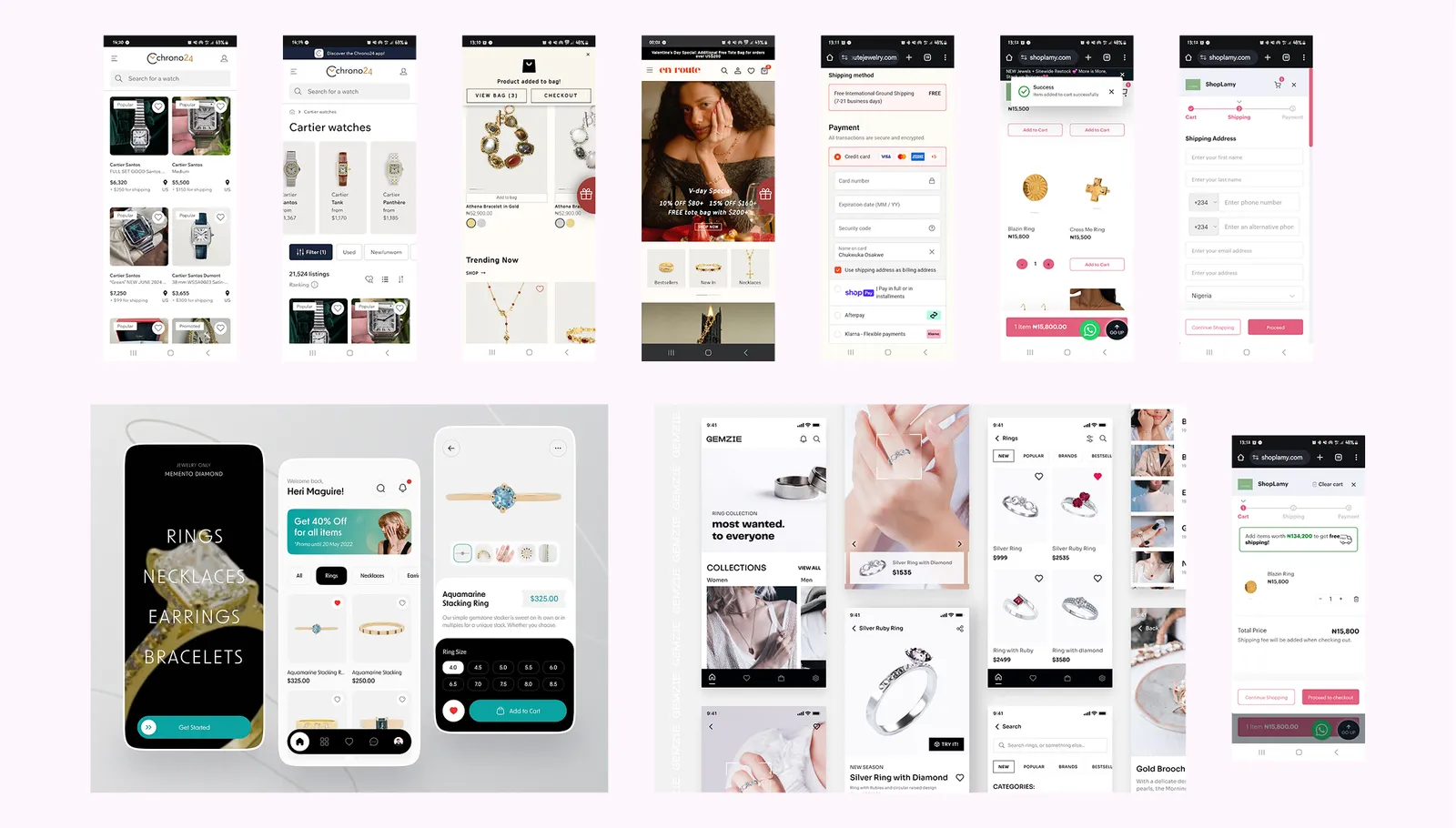 A moodboard of reference pages from the jewellery and watch sites I studied