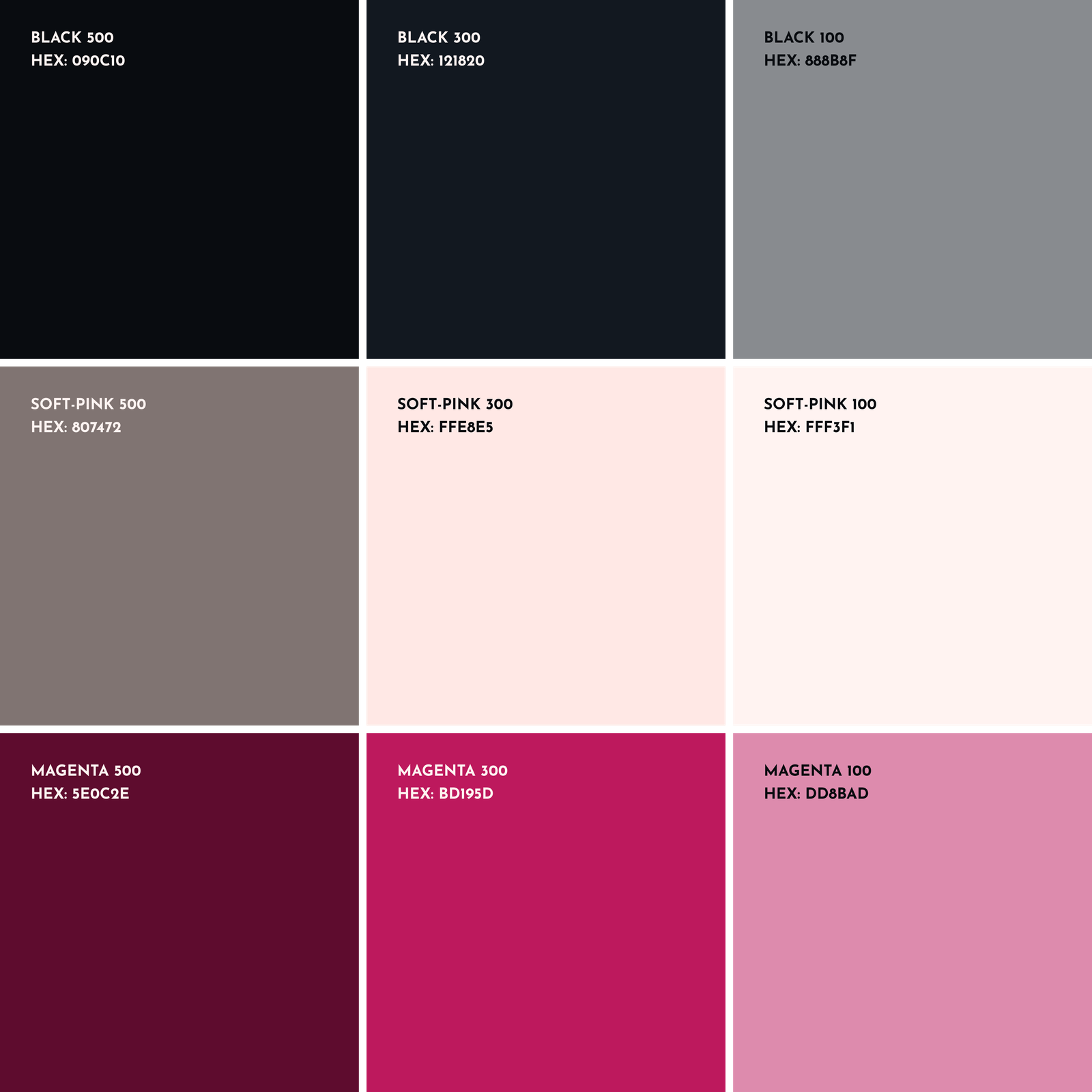 The Footy brand colour scale — magenta, black, and soft-pink