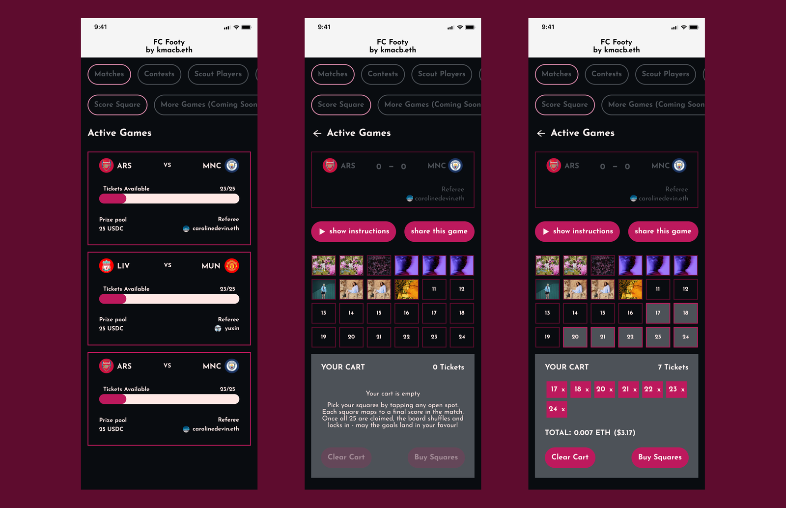 Match list and selecting squares — the entry points to the purchase flow