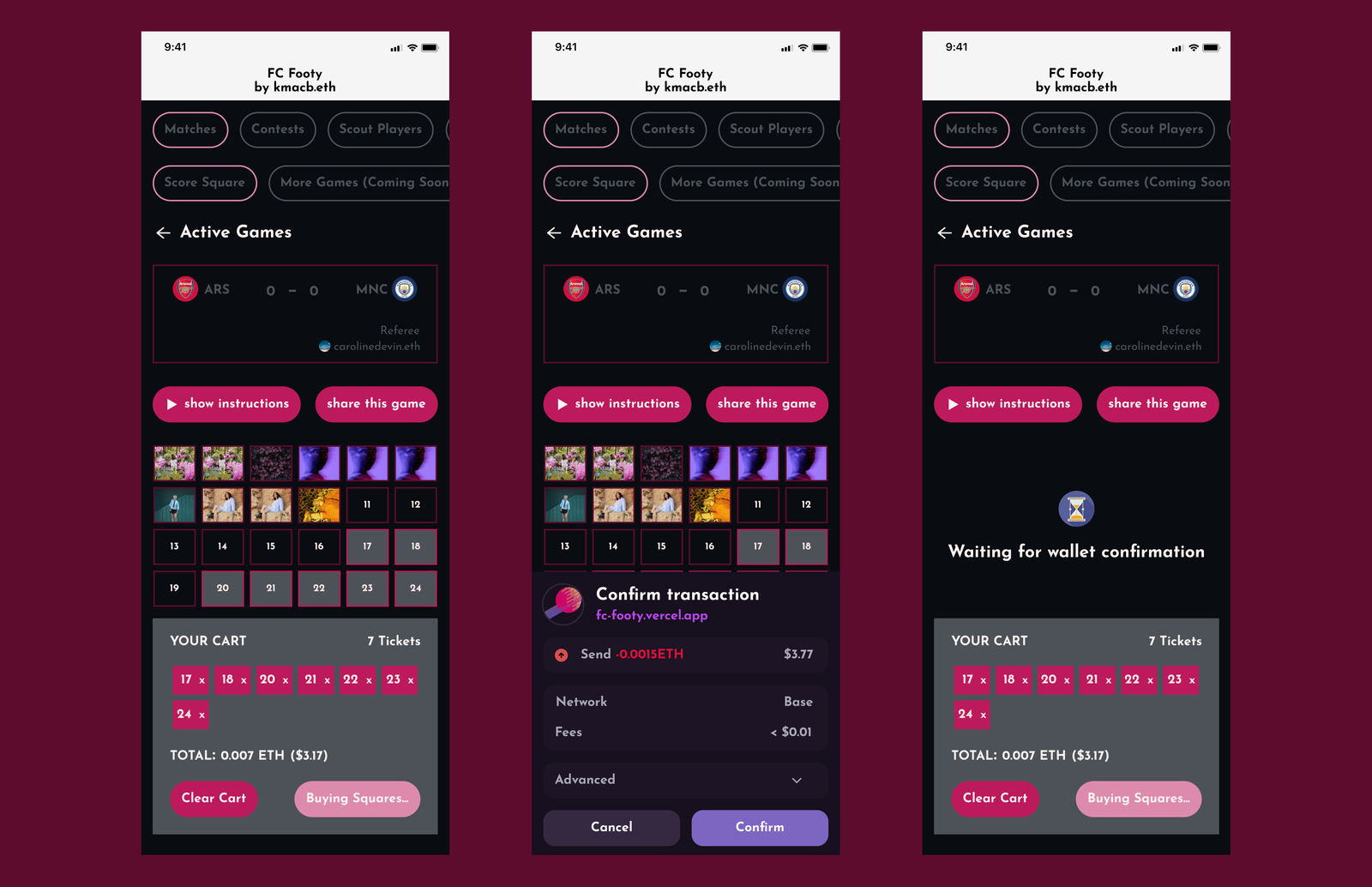 Confirming the purchase — in-app confirmation, then the wallet handshake