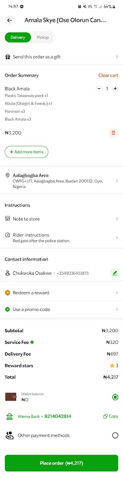 The current Heyfood checkout screen — order, cost, payment, and contact information all stacked on a single page