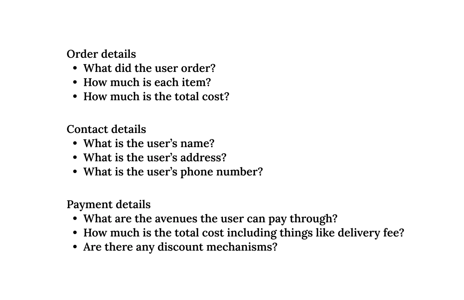 The three information categories pulled out of the original checkout — order, cost, and payment