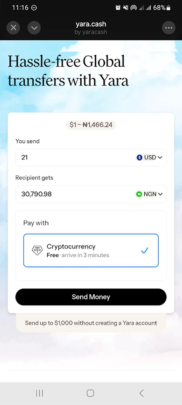 The original Yara first screen — an entire step given over to selecting a USD amount before the user picks a token or chain