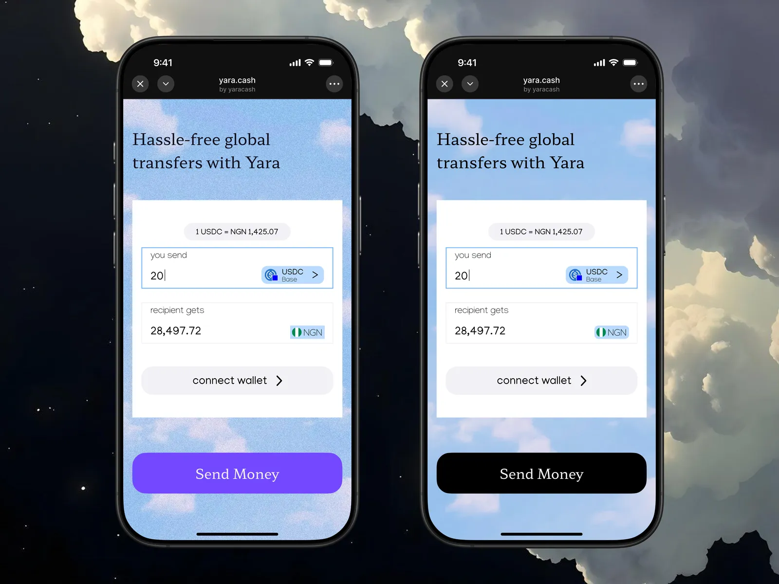 The redesigned Yara Fund Details screen — amount, token, chain, and wallet consolidated into a single screen, shown in two button variants
