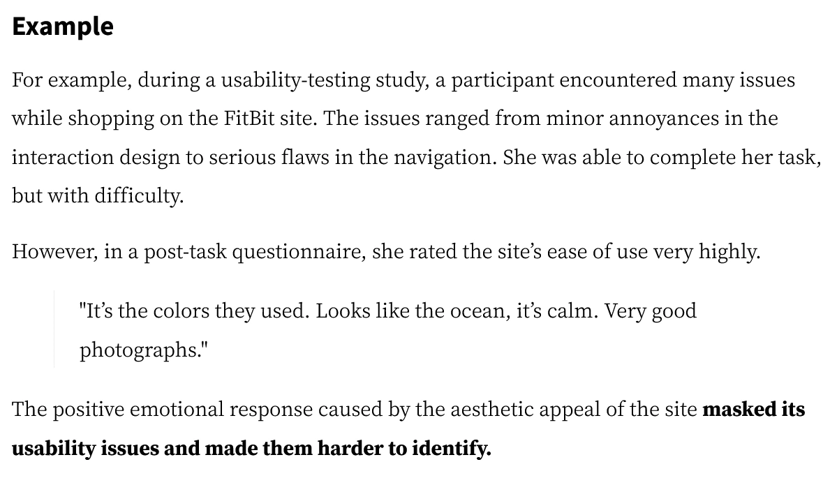 An excerpt from a usability study: a participant rated the FitBit site's ease of use very highly because of its colours ('It's the colors they used. Looks like the ocean, it's calm.'), even after struggling with the navigation — the positive emotional response to its aesthetics masked its usability issues.