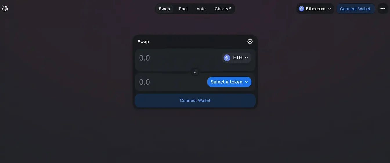A bare, minimal DeFi swap interface: a dark page offering little more than two token fields and a 'Connect Wallet' button, with no explanation of what to do or why.