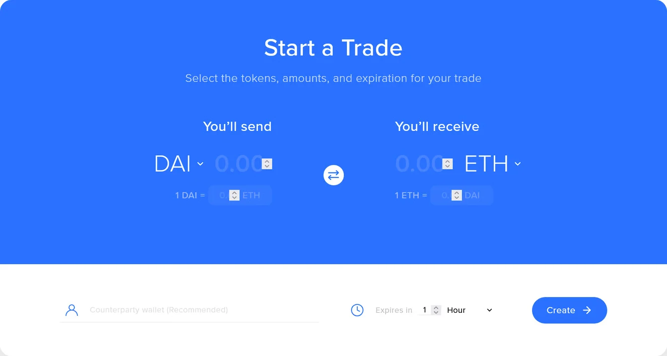 The AirSwap OTC trading landing page: a clear, friendly 'Start a Trade' screen with explicit 'You'll send' and 'You'll receive' fields, making its single purpose obvious.