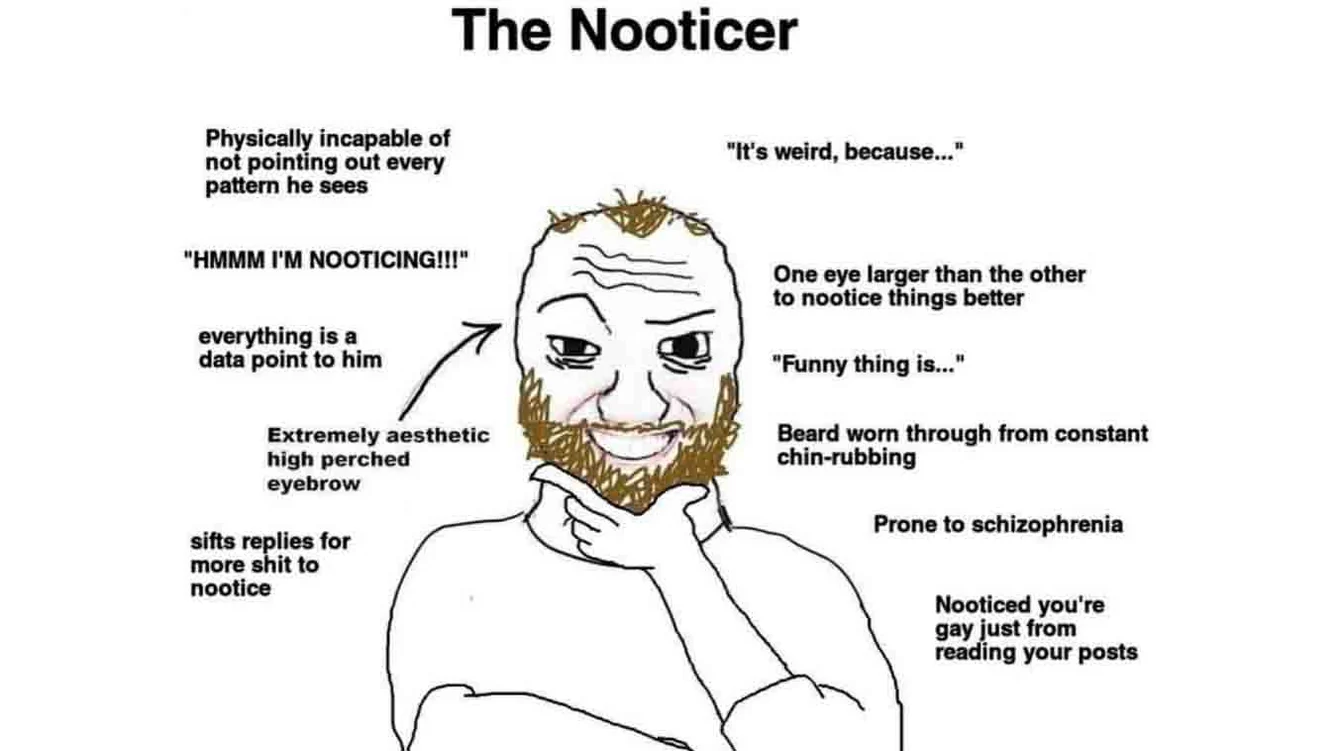 The 'Nooticer' meme — a bearded wojak labelled with traits like 'physically incapable of not pointing out every pattern he sees' and 'everything is a data point to him', a joke about compulsively noticing things.