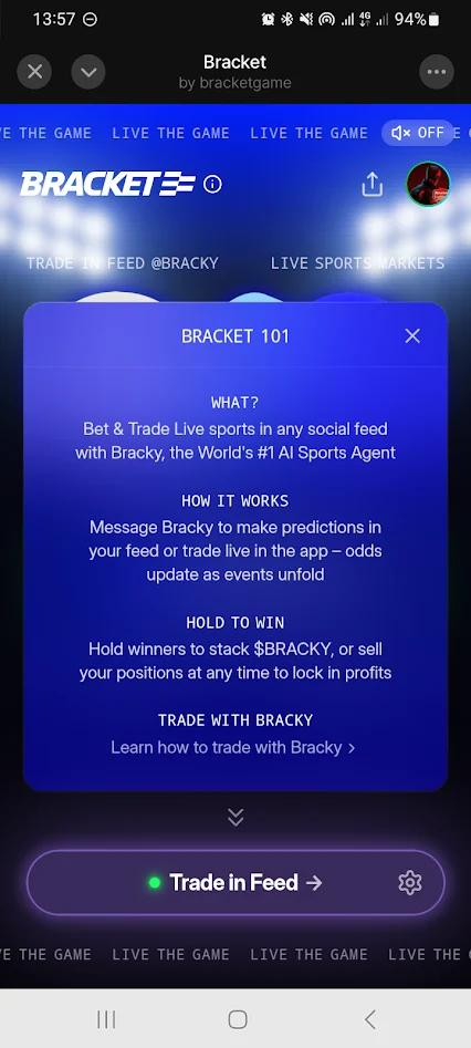 The Bracket mini-app landing page with the 'about' modal open.