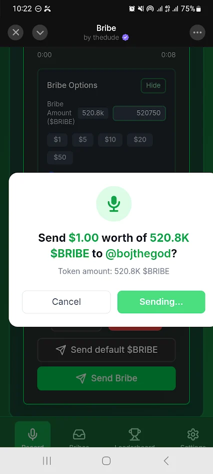 Another modal in the Bribe mini-app.