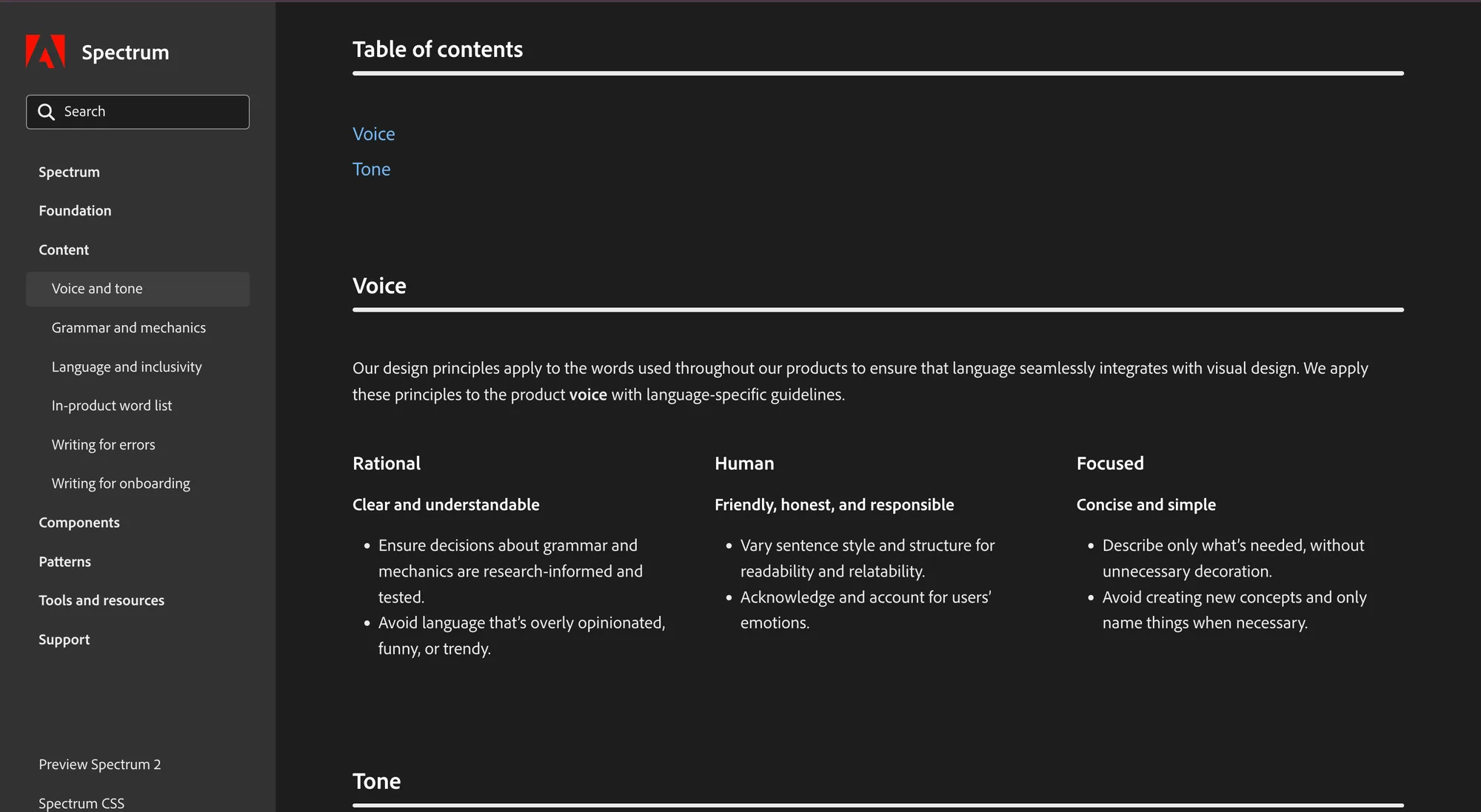 Adobe's Spectrum design system documentation, open to the Voice and Tone page — laying out product voice as Rational, Human, and Focused, each with its own writing principles.